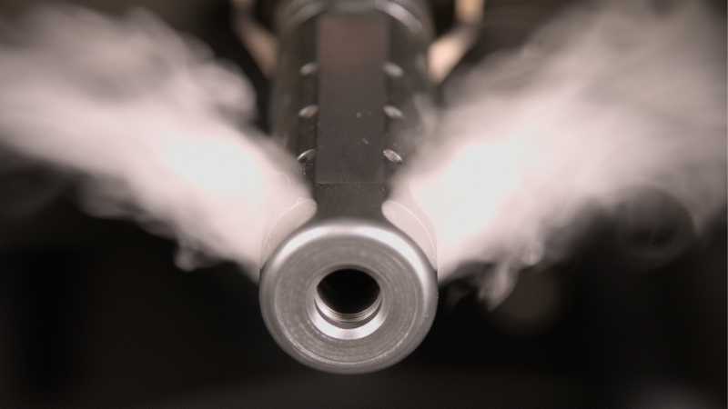 Ultradyne V-port muzzle brake venting gas at 45 degrees